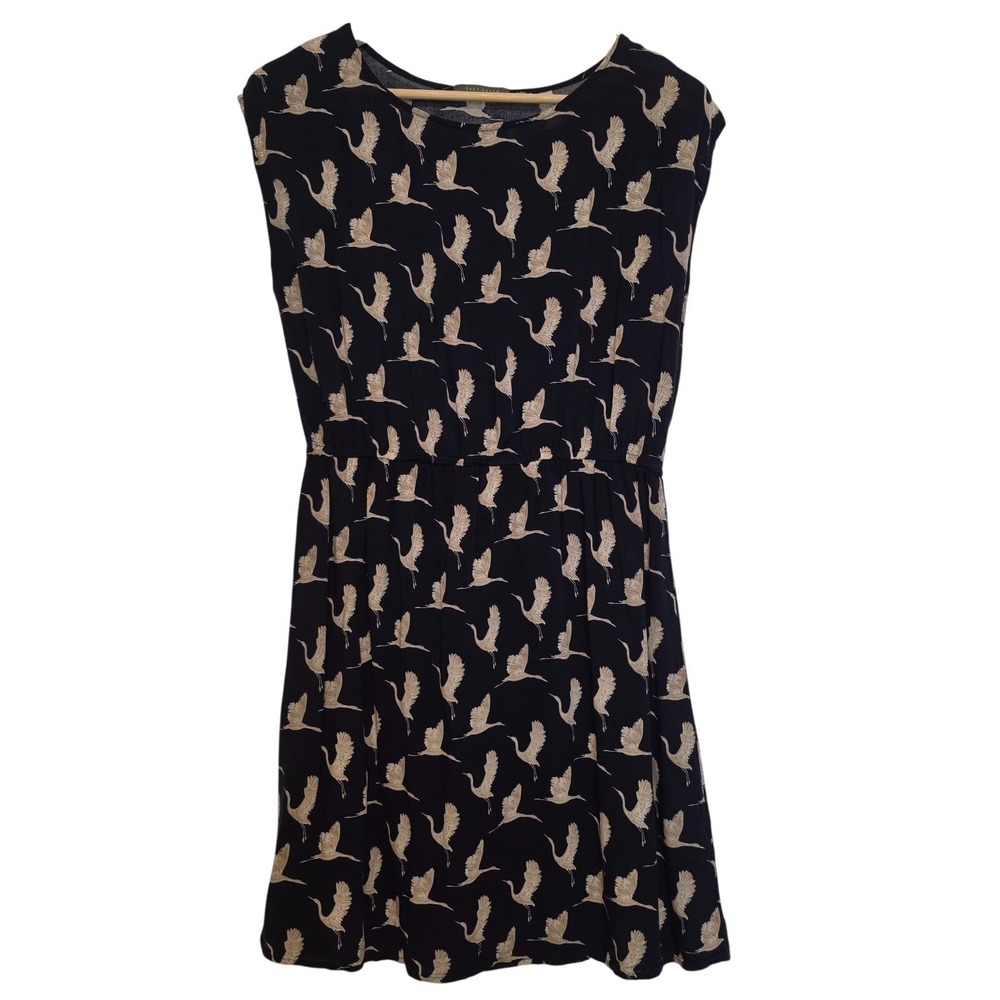 Suzy Shier Crane Bird Print Sleeveless Navy Blue Mini Dress Medium M